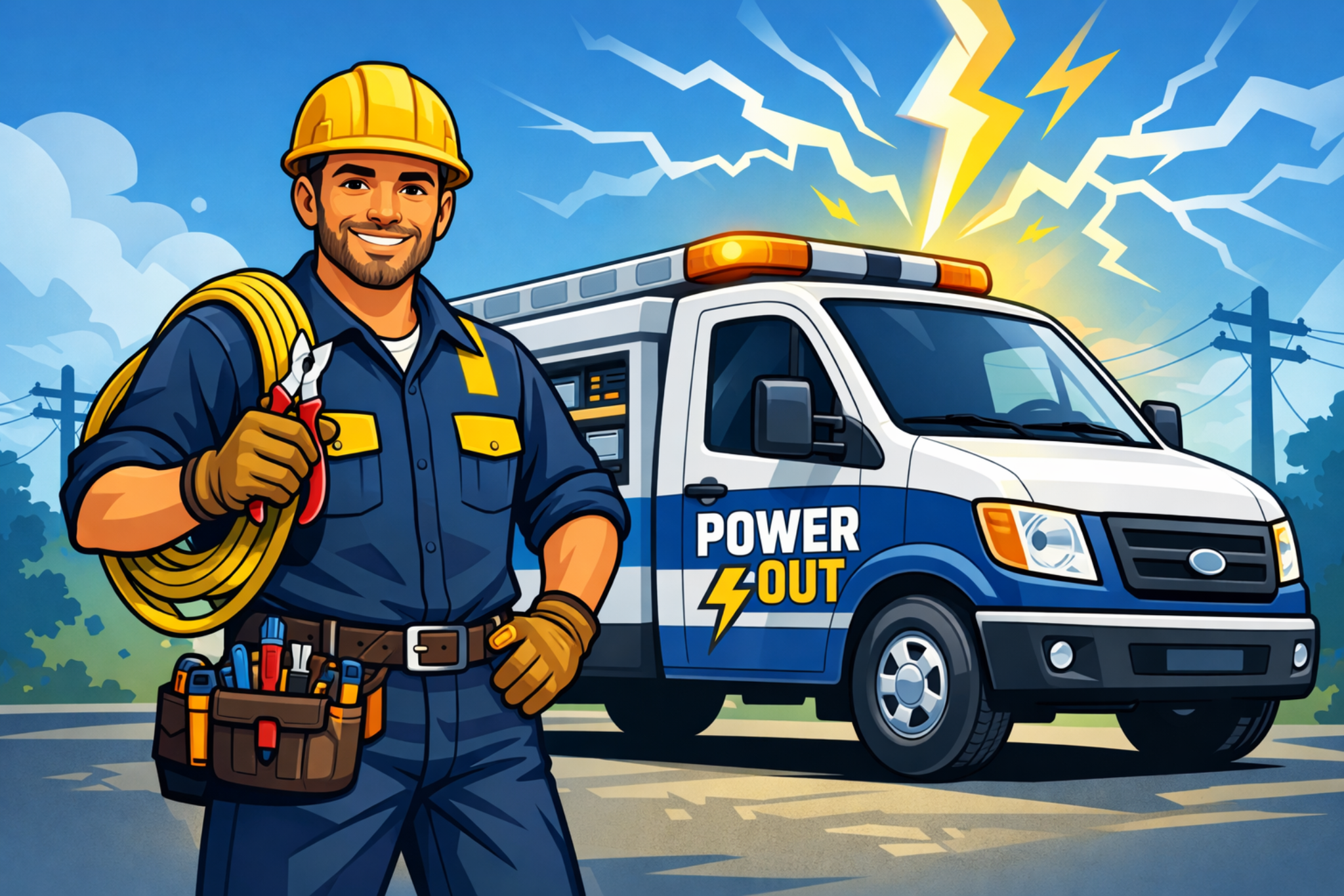 Power Out Services electrician and truck illustration